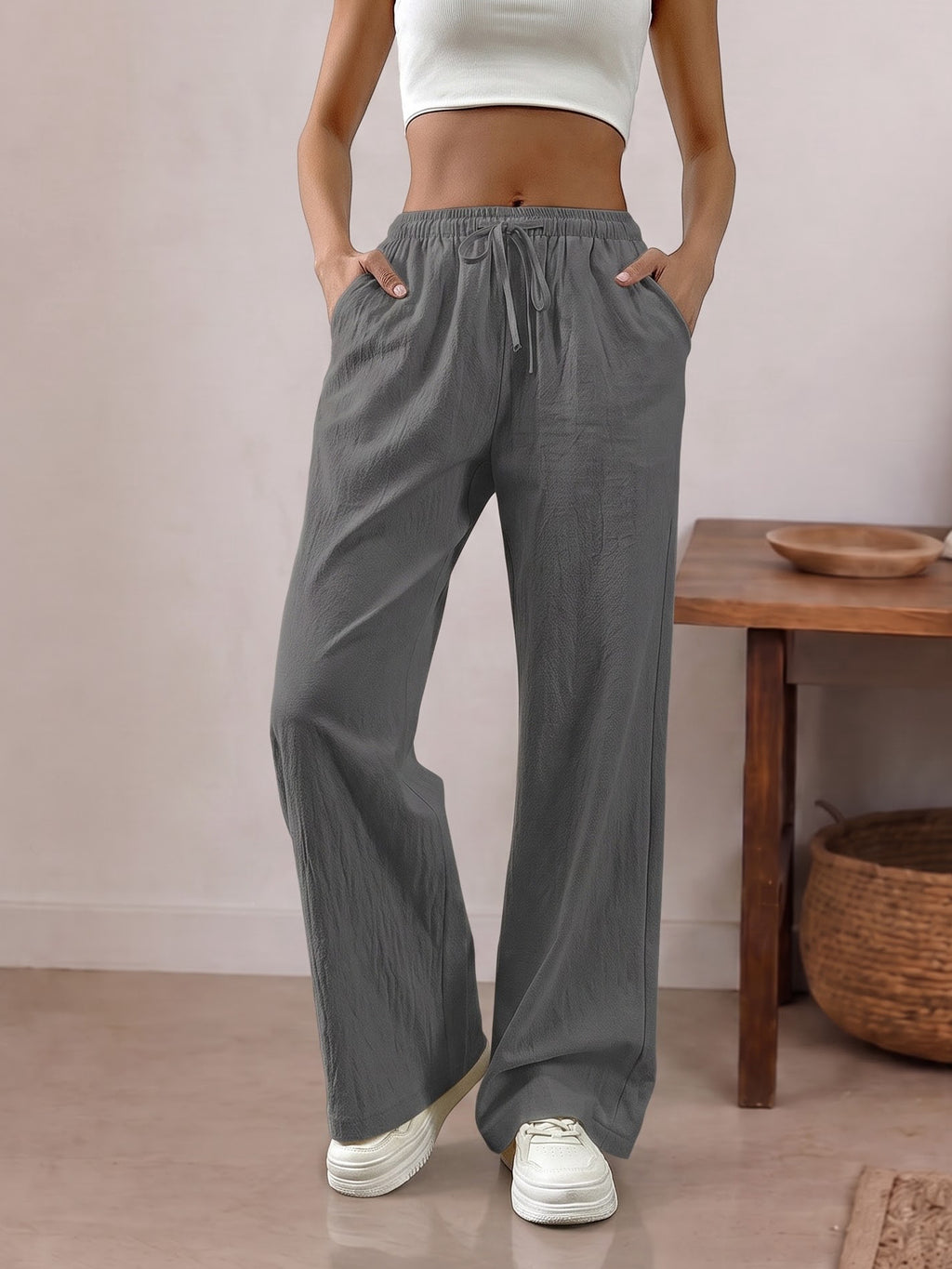 Pantalón Wide Leg de Lino con Cintura Ajustable