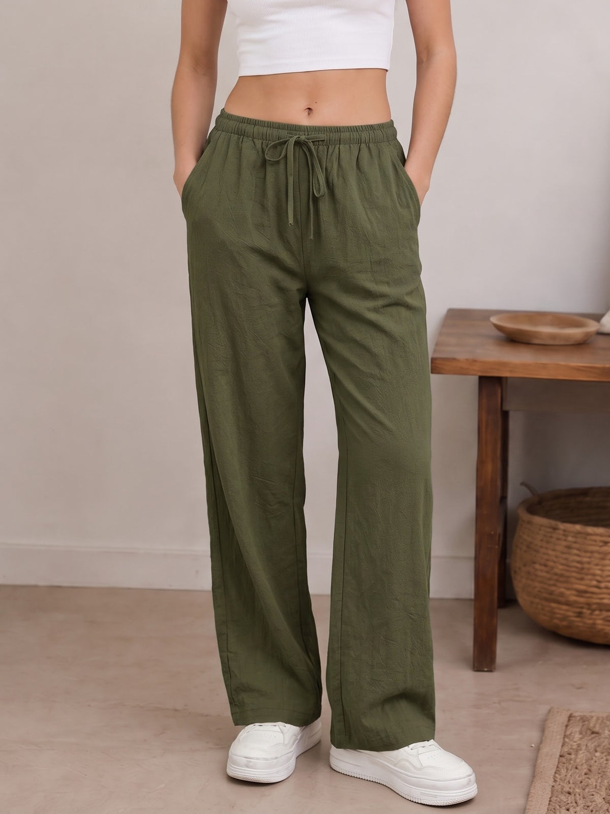 Pantalón Wide Leg de Lino con Cintura Ajustable