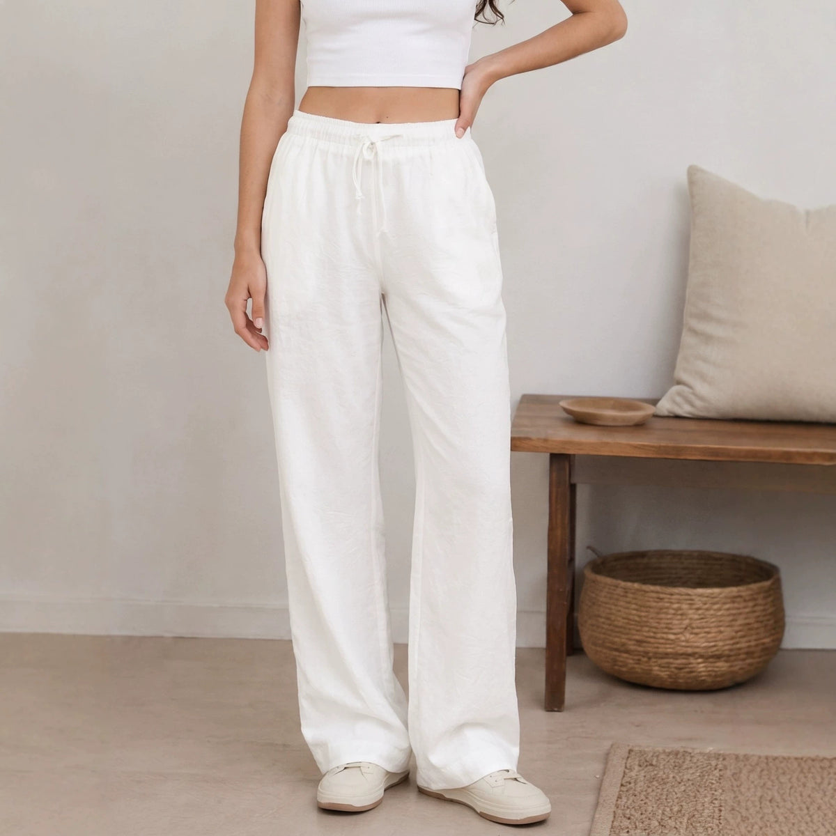 Pantalón Wide Leg de Lino con Cintura Ajustable