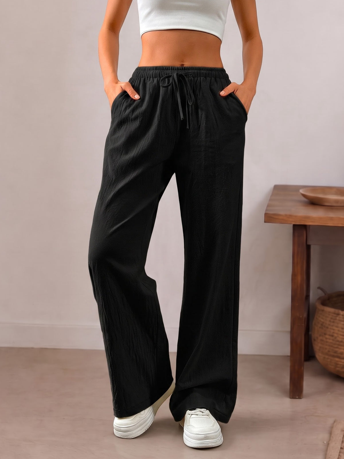 Pantalón Wide Leg de Lino con Cintura Ajustable