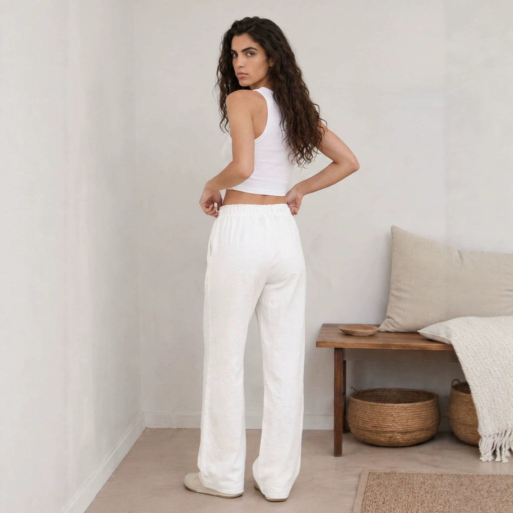 Pantalón Wide Leg de Lino con Cintura Ajustable