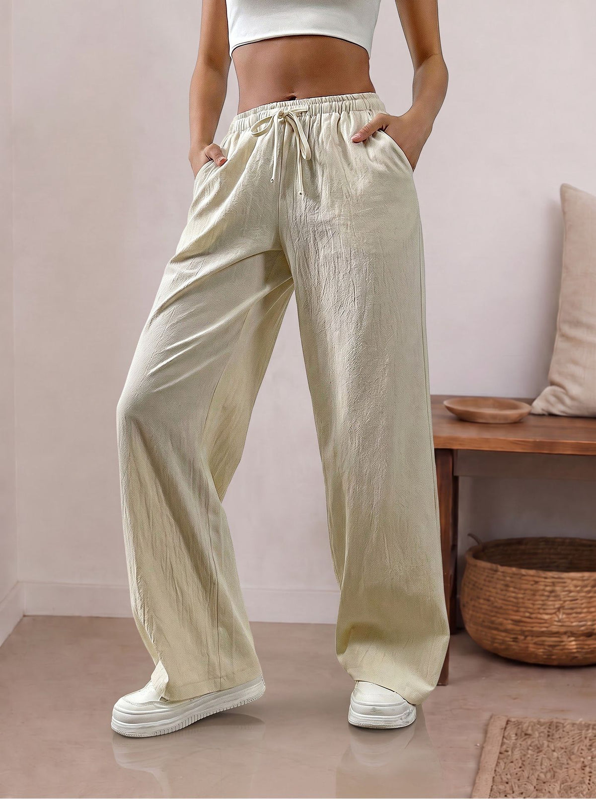 Pantalón Wide Leg de Lino con Cintura Ajustable