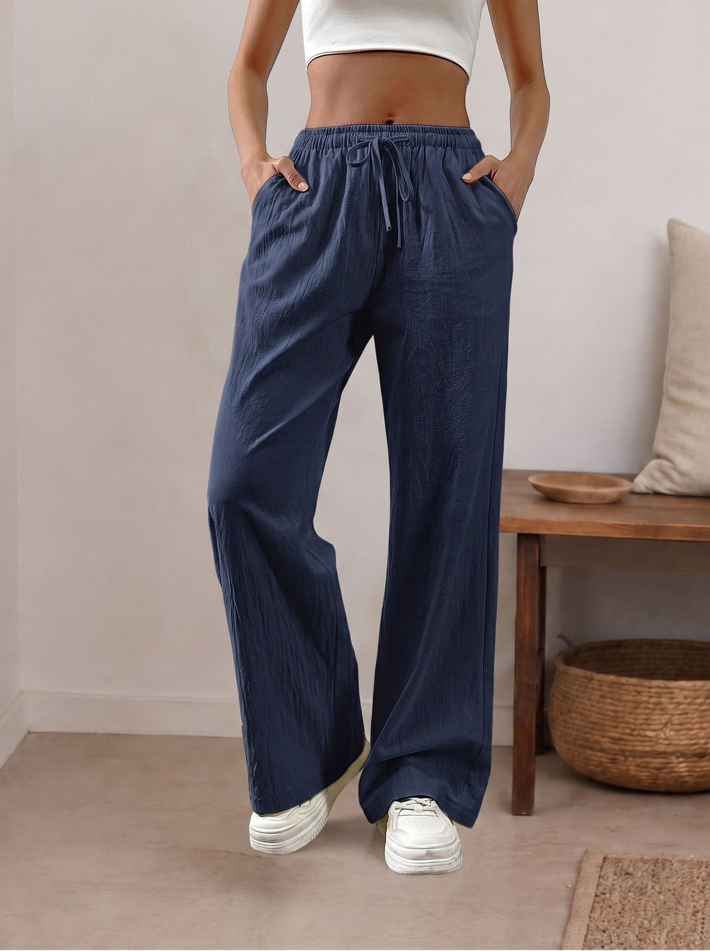 Pantalón Wide Leg de Lino con Cintura Ajustable