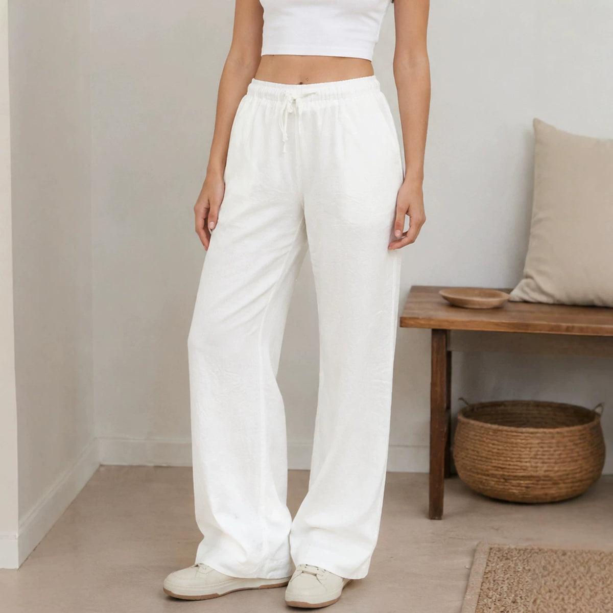 Pantalón Wide Leg de Lino con Cintura Ajustable